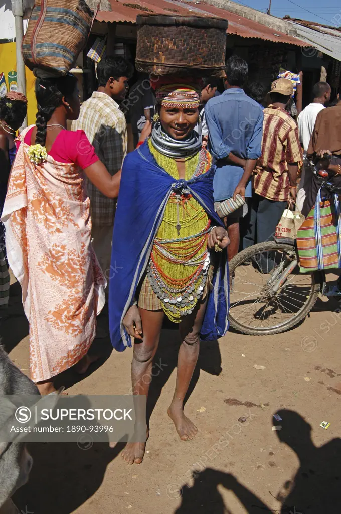 Bonda tribeswoman in traditional dress with beads and necklaces denoting her tribe, Onukudelli, Orissa, India, Asia