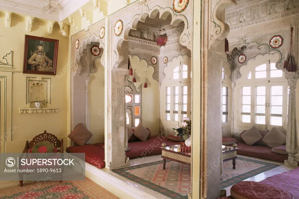 Private guest seating area, Deo Garh Palace Hotel, Deo Garh Deogarh, Rajasthan state, India., Asia