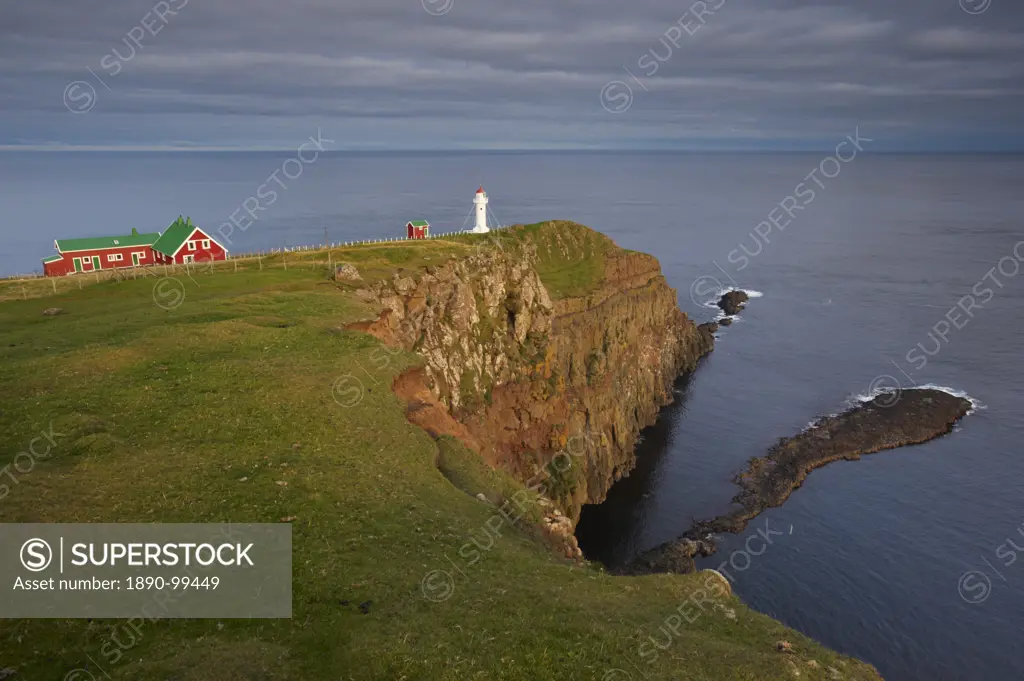 Akraberg lighthouse, Suduroy island, southernmost point of Faroe Islands Faroes, Denmark, Europe