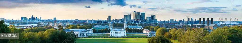 View of Canary Wharf from Greenwich Observatory, Greenwich, London, England, United Kingdom, Europe