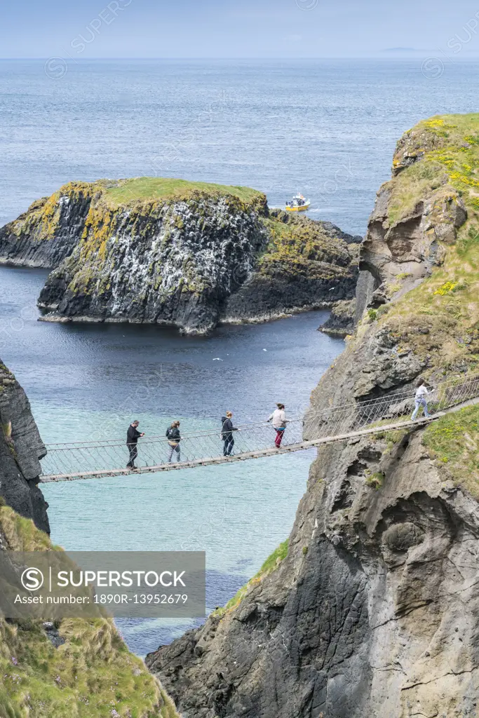 View of the Carrick a Rede Rope Bridge, Ballintoy, Ballycastle, County Antrim, Ulster, Northern Ireland, United Kingdom, Europe