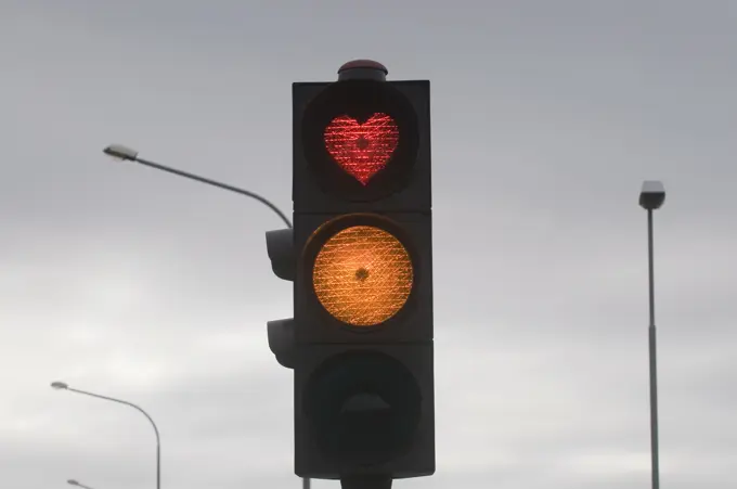 Heart as red light of a traffic light, Akureyri, Iceland, Polar Regions