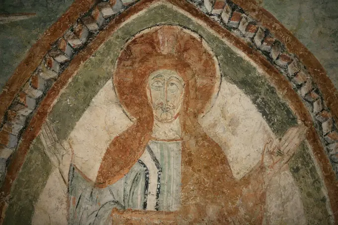 A 12th century Romanesque fresco depicting Jesus Christ, St. Chef Abbey church, Saint_Chef_en_Dauphine, Isere, France, Europe