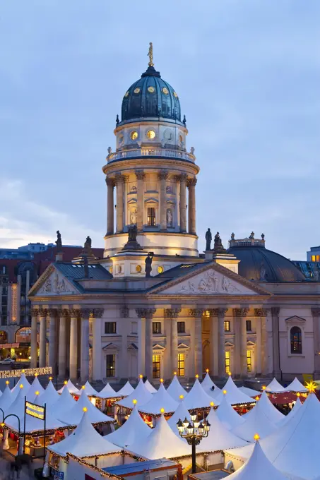 Traditional Christmas Market at Gendarmenmarkt, illuminated at dusk, Berlin, Germany, Europe