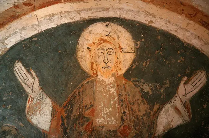 A 12th century Romanesque fresco depicting Jesus Christ in St. Chef abbey church, Saint_Chef_en_Dauphine, Isere, France, Europe