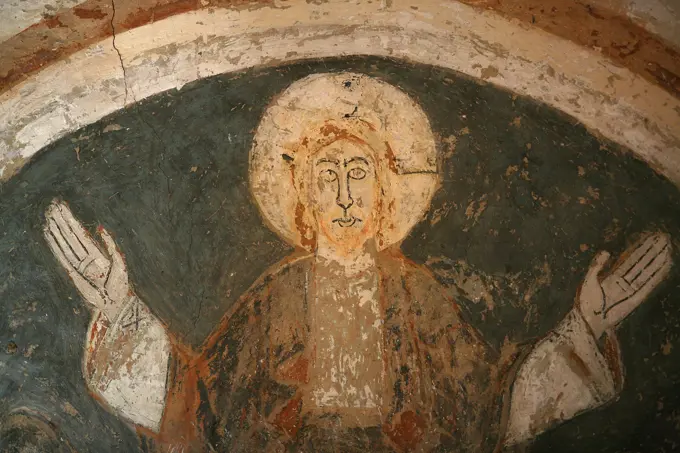 A 12th century Romanesque fresco depicting Jesus Christ in St. Chef abbey church, Saint_Chef_en_Dauphine, Isere, France, Europe