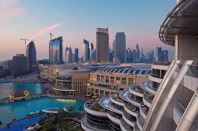 Dubai skyline, elevated view over the Dubai Mall and Burj Khalifa Park, Dubai, United Arab Emirates, Middle East