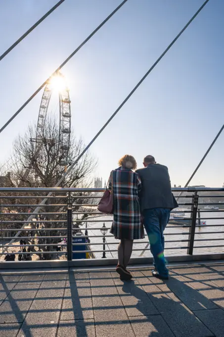 South Bank street scene at Golden Jubilee Bridge, Southwark, London, England, United Kingdom, Europe