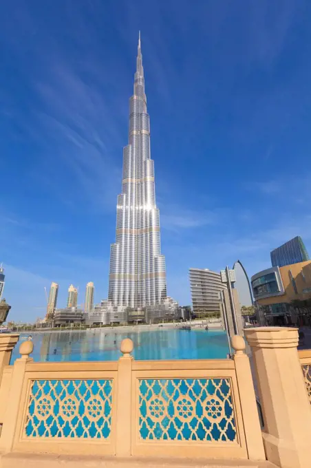 Burj Khalifa, the tallest man made structure in the world at 828 metres, and Dubai Mall, Downtown Dubai, Dubai, United Arab Emirates, Middle East