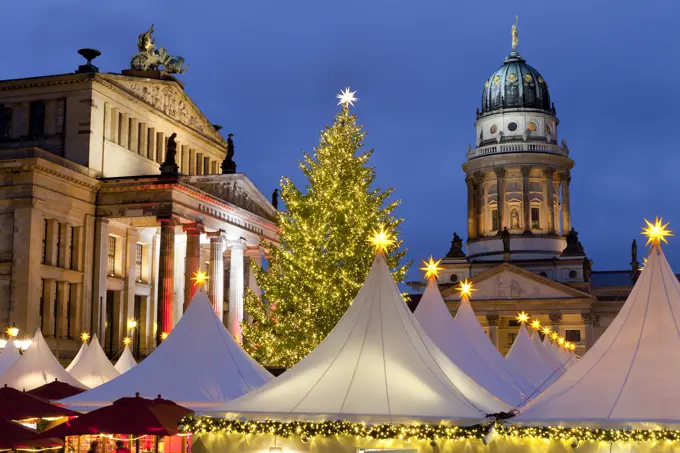 The Gendarmenmarkt Christmas Market, Theatre, and French Cathedral, Berlin, Germany, Europe