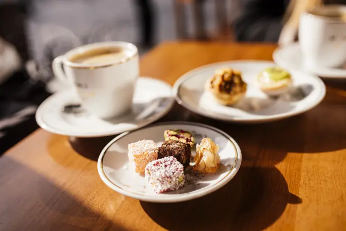 Turkish delights (Lokum) on plate and coffee, Cafe near Spice Bazaar, Istanbul, Turkey, Europe