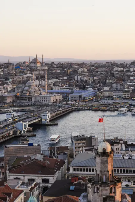 View over Istanbul skyline from The Galata Tower at sunset, Beyoglu, Istanbul, Turkey, Europe