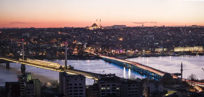 View over Istanbul skyline from The Galata Tower at night, Beyoglu, Istanbul, Turkey, Europe