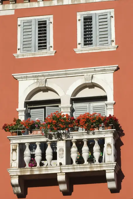 Colourful balcony, Rovinj, Istria, Croatia, Europe