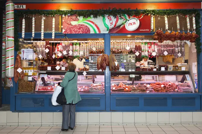 Chorizo and sausage stall, Central Market Kozponti Vasarcsarnok, Budapest, Hungary, Europe