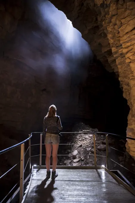 Tourist in Waitomo Caves, Waikato Region, North Island, New Zealand, Pacific