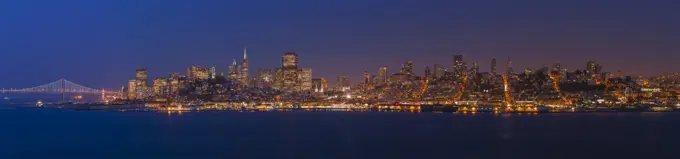 San Francisco skyline panorama at dusk taken from Alcatraz Island, California, United States of America, North America