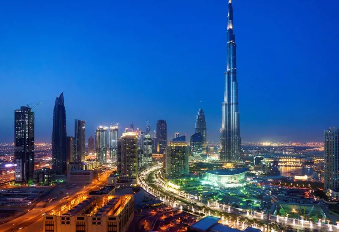 Burj Khalifa and Downtown Dubai at night, Dubai, United Arab Emirates, Middle East