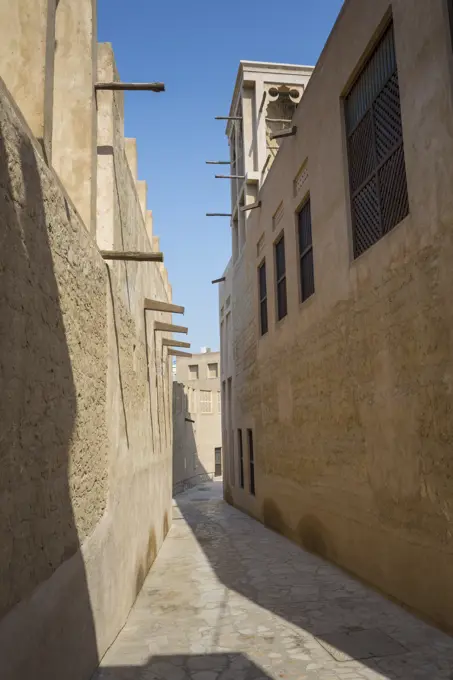 Narrow street in Al Fahidi Historical Centre, Bur Dubai, Dubai, United Arab Emirates, Middle East