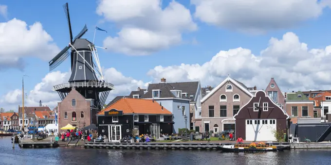 De Adriaan windmill along the river Spaarne, Haarlem, North Holland, The Netherlands, Europe