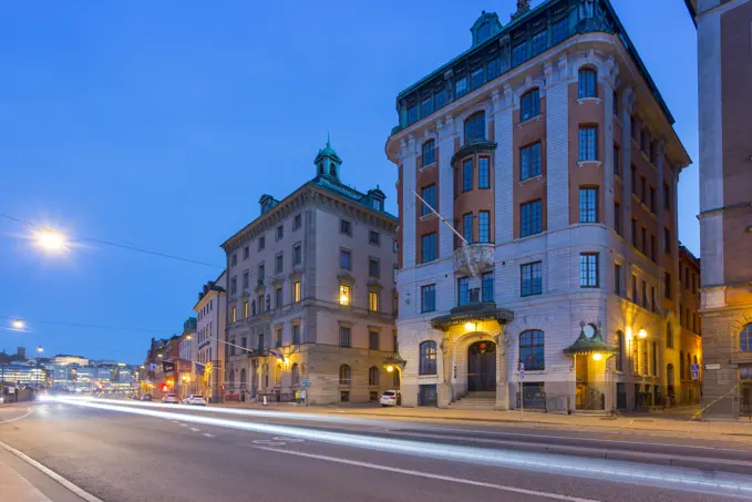 Architecture on Skeppsbron at dusk, Gamla Stan, Stockholm, Sweden, Scandinavia, Europe