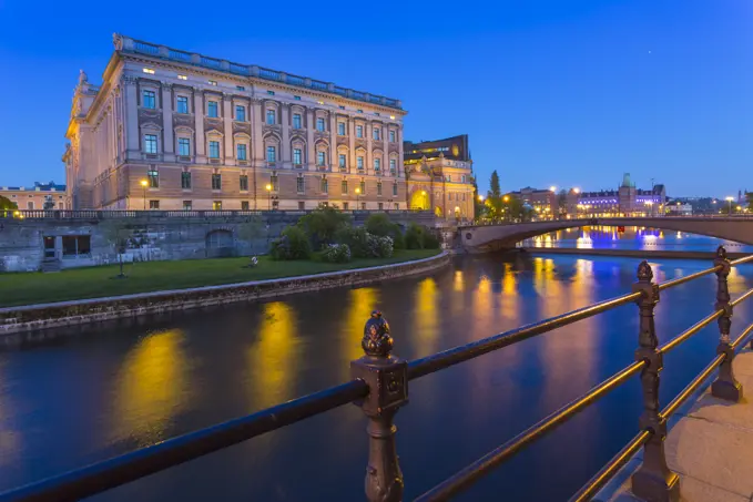 The Swedish Parliament Building at dusk, Helgeandsholmen, Stockholm, Sweden, Scandinavia, Europe