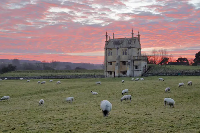 Banqueting House of Campden House and sheep at sunset, Chipping Campden, Cotswolds, Gloucestershire, England, United Kingdom, Europe