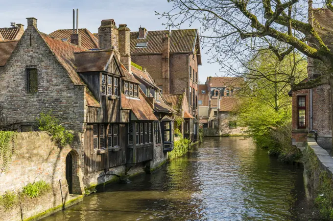 Typical houses on water canal, Bruges, West Flanders province, Flemish region, Belgium, Europe