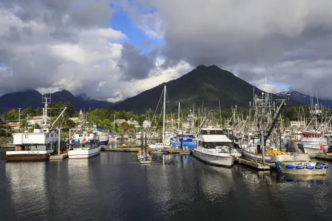 Crescent Boat harbour with beautiful wooded mountains and town of Sitka, rare sunny day, summer, Baranof Island, Alaska, United States of America, Nor...