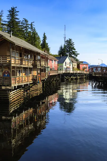 Creek Street, Ketchikan Creek boardwalk, historic red-light district, beautiful sunny summer afternoon, Ketchikan, Alaska, United States of America, N...