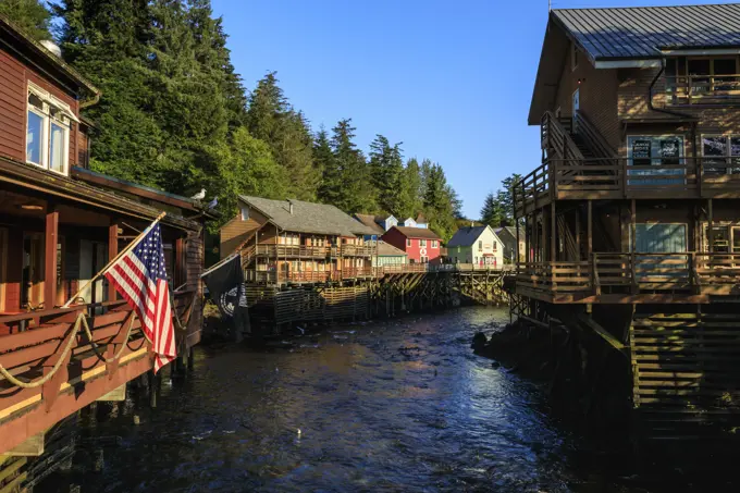 Creek Street, Ketchikan Creek boardwalk, historic red-light district, beautiful sunny summer evening, Ketchikan, Alaska, United States of America, Nor...