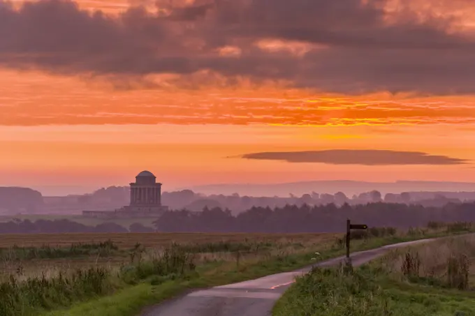 September sunrise over the Mausoleum on the Castle Howard Estate, North Yorkshire, Yorkshire, England, United Kingdom, Europe