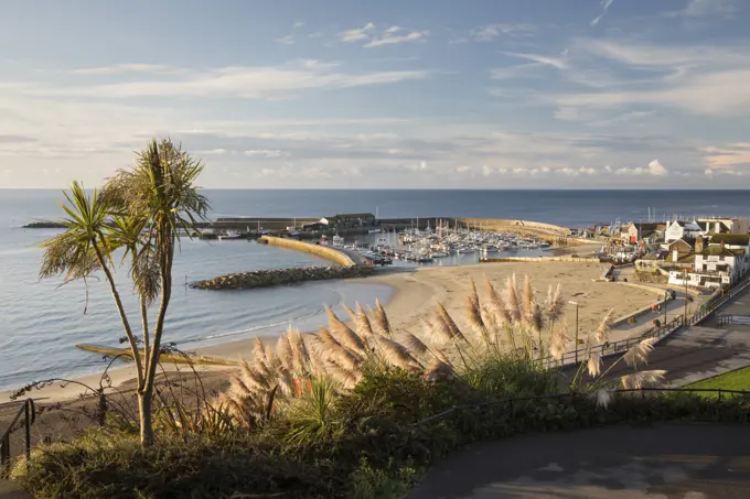 View over The Cobb and beach from Langmoor and Lister gardens, Lyme Regis, Dorset, England, United Kingdom, Europe