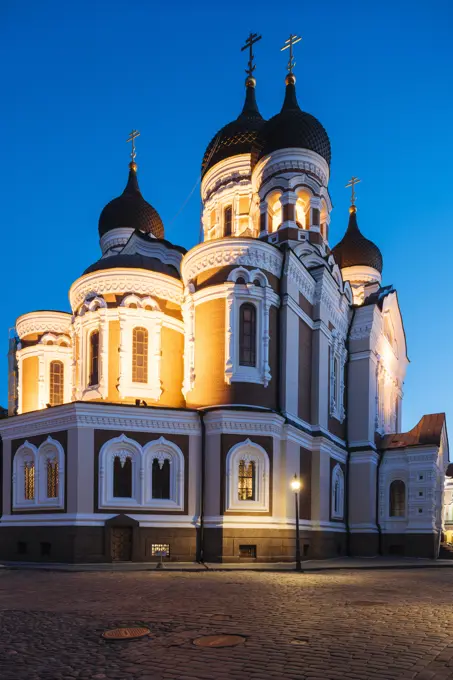 Exterior of Russian Orthodox Alexander Nevsky Cathedral at night, Toompea, Old Town, UNESCO World Heritage Site, Tallinn, Estonia, Europe