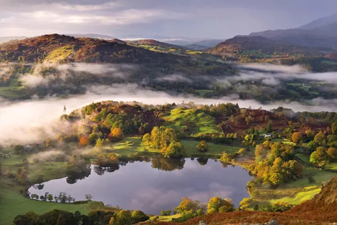 Loughrigg Tarn surrounded by misty autumnal countryside, Lake District National Park, Cumbria, England, United Kingdom, Europe