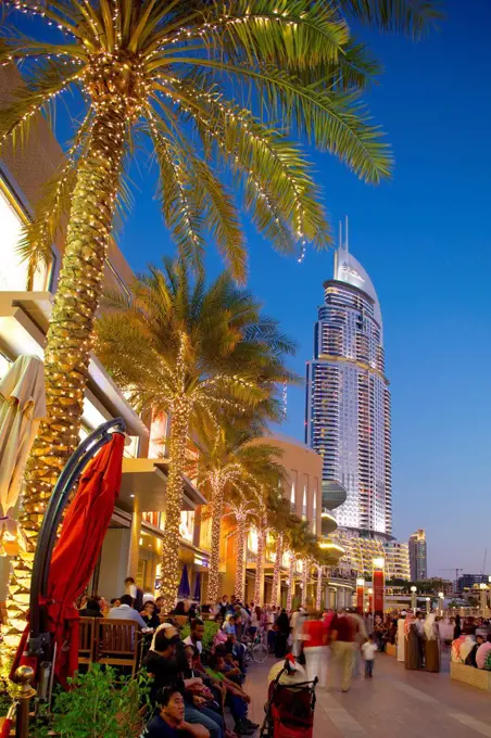 The Address Hotel and Dubai Mall at dusk, Dubai, United Arab Emirates, Middle East