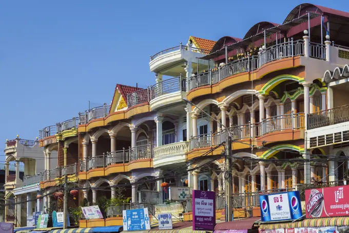 Residential properties above busy Street AH123 near the central market, Kampot, Kampot Province, Cambodia, Indochina, Southeast Asia, Asia