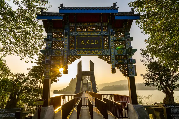 View of entrance to Shi Baozhai Pagoda on Yangtze River near Wanzhou, Chongqing, People's Republic of China, Asia