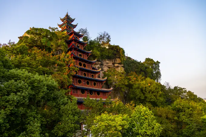 View of Shi Baozhai Pagoda on Yangtze River near Wanzhou, Chongqing, People's Republic of China, Asia