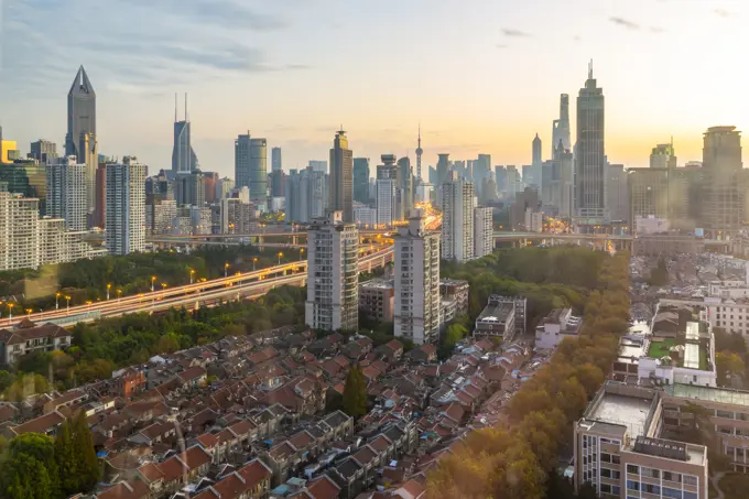 View of Shanghai skyline at sunrise, Luwan, Shanghai, China, Asia