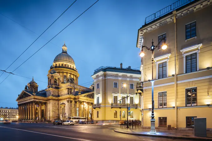 Exterior of St. Isaac's Cathedral at night, UNESCO World Heritage Site, St. Petersburg, Leningrad Oblast, Russia, Europe