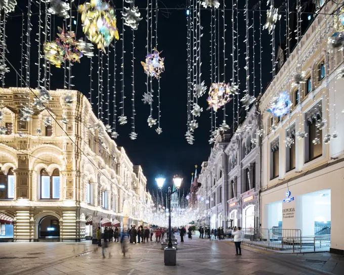 Christmas Lights on Nikolskaya Street, Moscow, Moscow Oblast, Russia, Europe