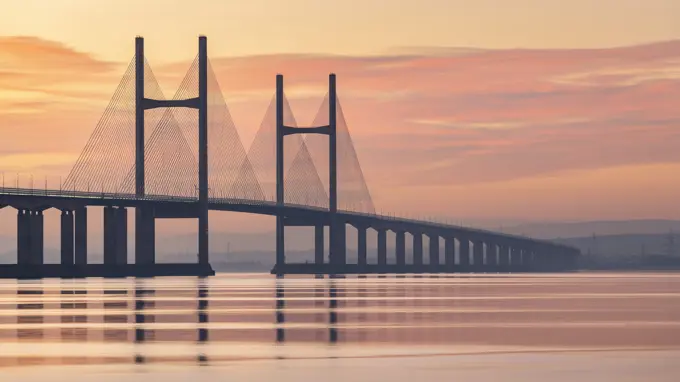 Prince of Wales Bridge spanning the River Severn at sunset in winter, Gloucestershire, England, United Kingdom, Europe