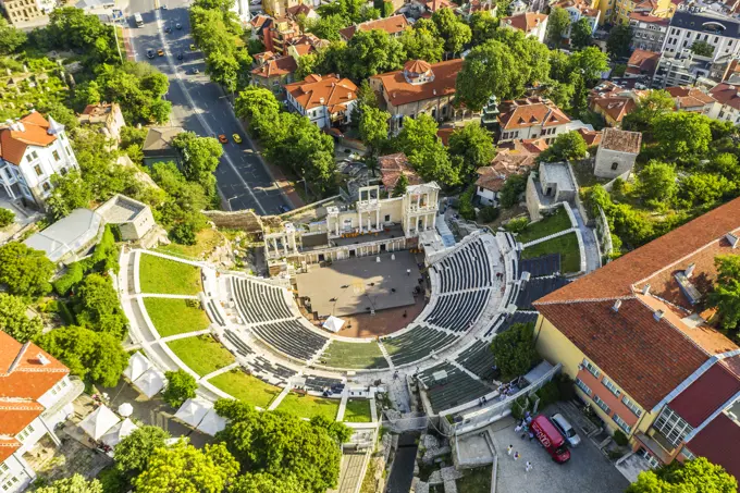 Aerial view by drone of Roman arena, Plovdiv, Bulgaria, Europe