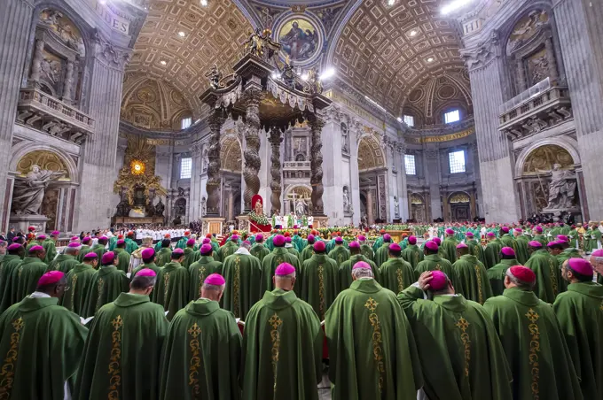 Pope Francis celebrates a closing Mass at the end of the Synod of Bishops in St. Peter's Basilica at the Vatican, Rome, Lazio, Italy, Europe