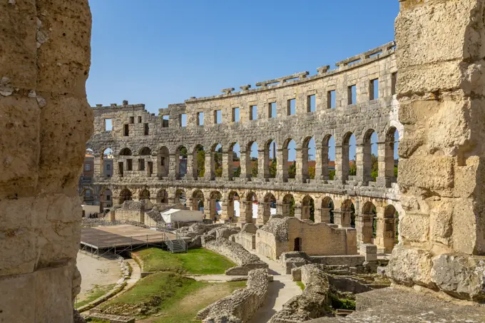 View of the Roman Amphitheatre against blue sky, Pula, Istria County, Croatia, Adriatic, Europe