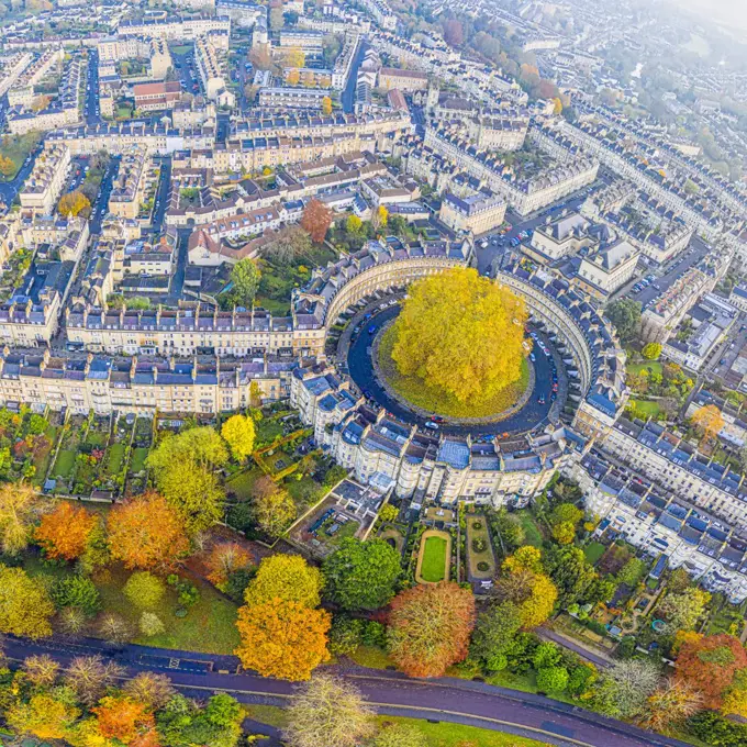 Aerial view by drone over the Georgian housing of The Circus, UNESCO World Heritage Site, Bath, Somerset, England, United Kingdom, Europe