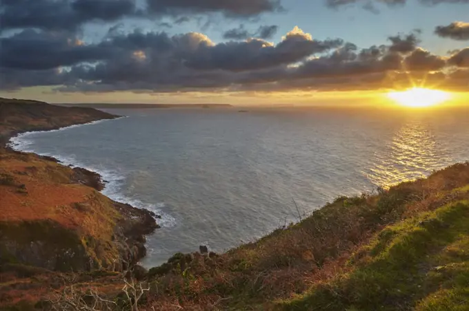Early morning view of the cliffs at Rame Head, looking towards Penlee Point and the entrance to Plymouth Sound, in east Cornwall, England, United Kingdom, Europe