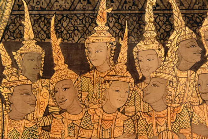 Detail of the murals of Wat Saket in late Rattanakosin style, Bangkok, Thailand, Southeast Asia, Asia