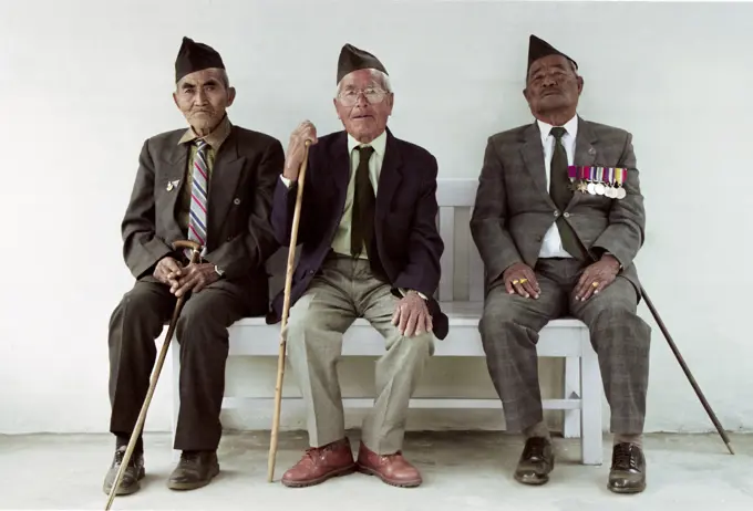 Veteran Ghurka soldiers with his war medals proudly displayed in Nepal